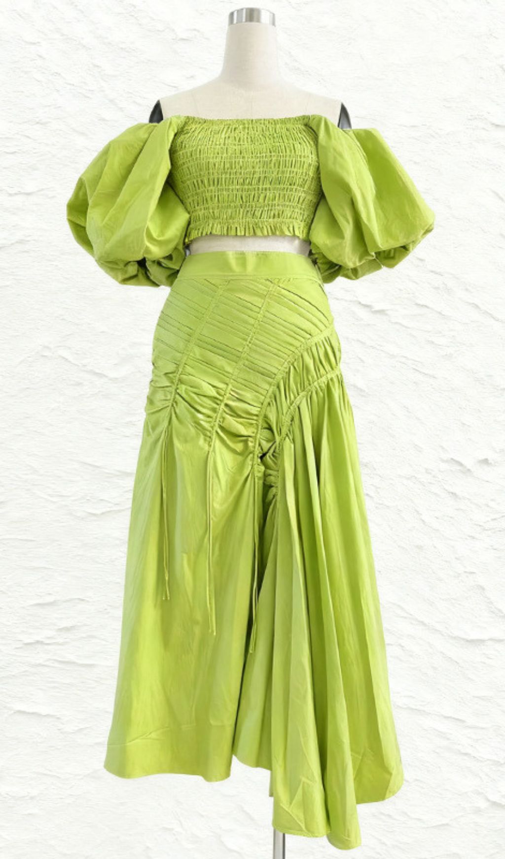 Vibrant Lime Green Puff Sleeve Crop Top & Ruched Maxi Skirt Set | Ivo Two-Piece