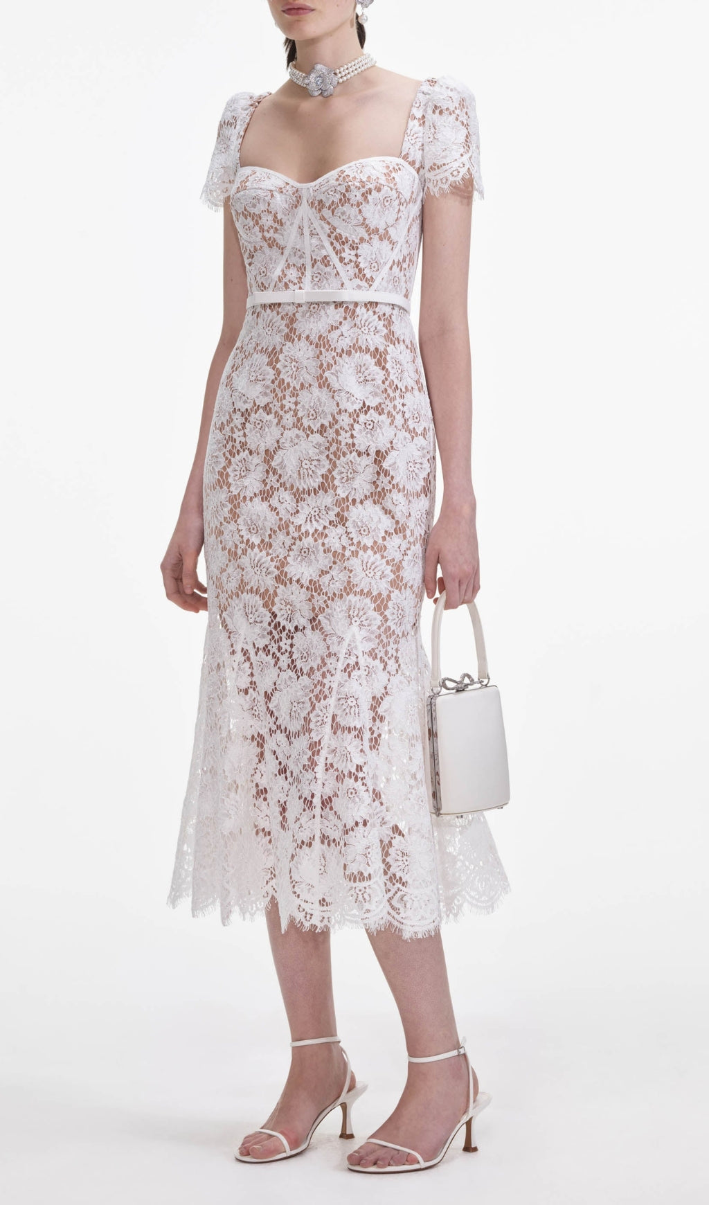White Fine Lace Midi Dress