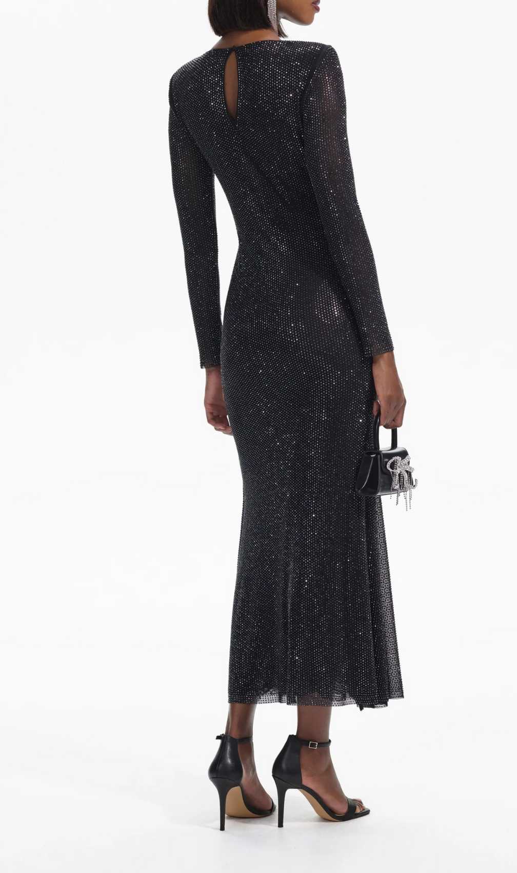 Americus Black Rhinestone V-Neck Midi Dress