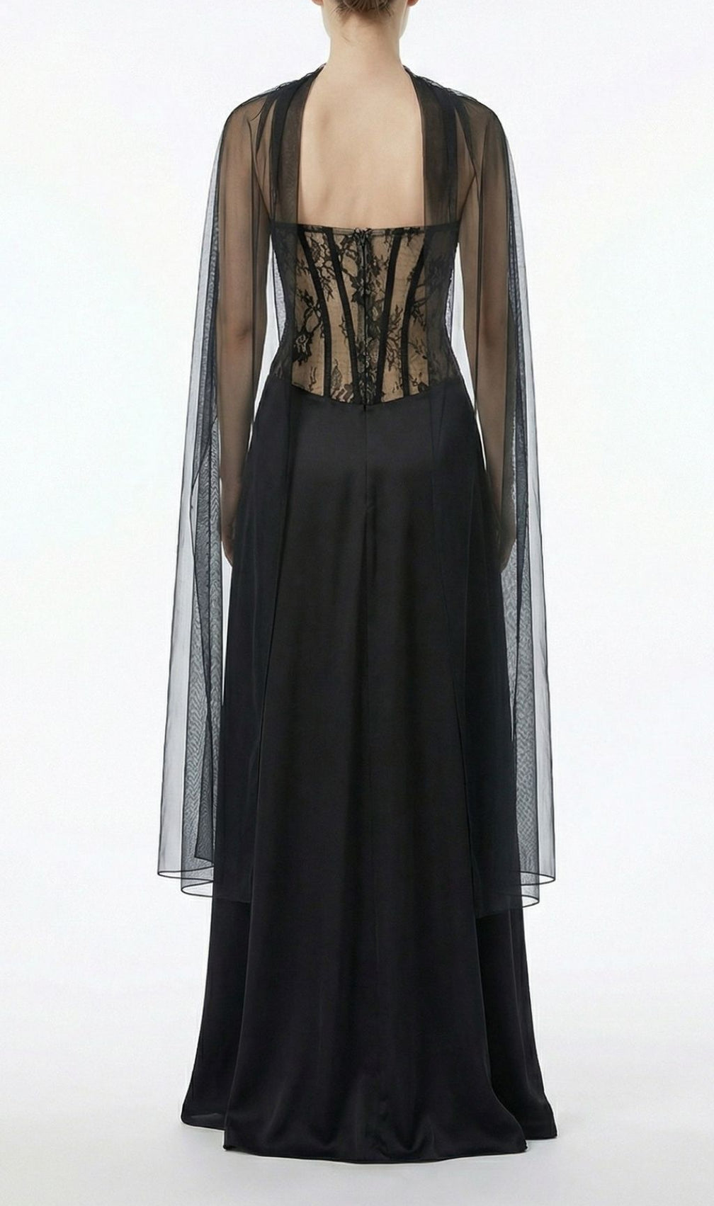 Kalei Black Lace Corset Maxi Dress with Sheer Cape Overlay | Elegant Evening Gown