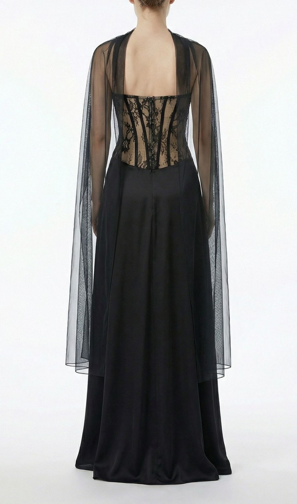 Kalei Black Lace Corset Maxi Dress with Sheer Cape Overlay | Elegant Evening Gown