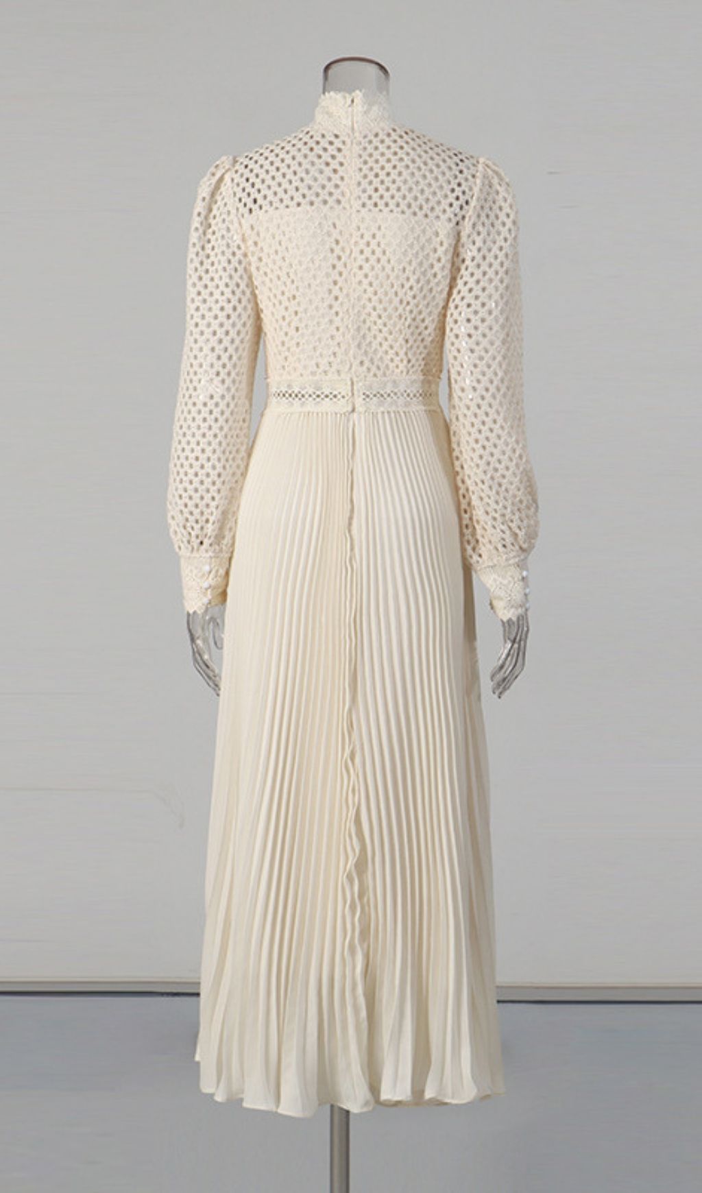 Kally Elegant Lace & Pleated Long Sleeve Midi Dress - Sophisticated Modesty