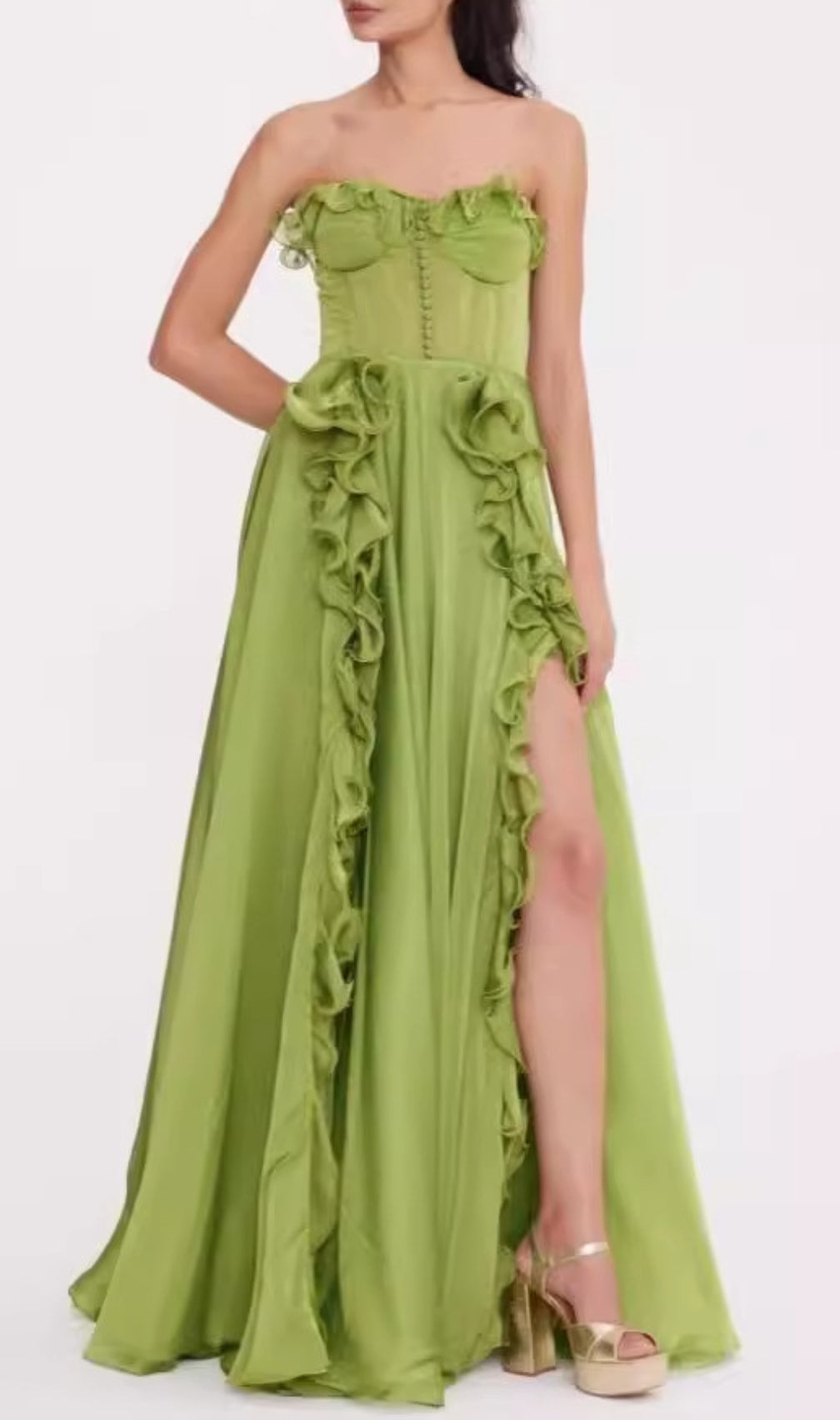 Colombine Green Strapless Ruffle Maxi Dress