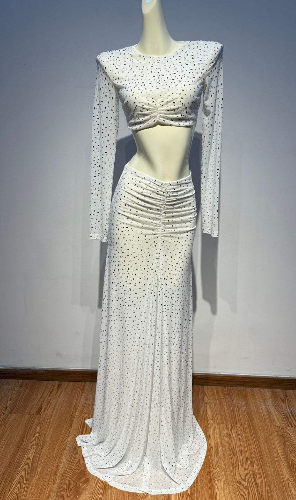 Jaida Sparkling Mint Green Crystal Two-Piece Set: Long Sleeve Crop Top & Ruched Maxi Skirt