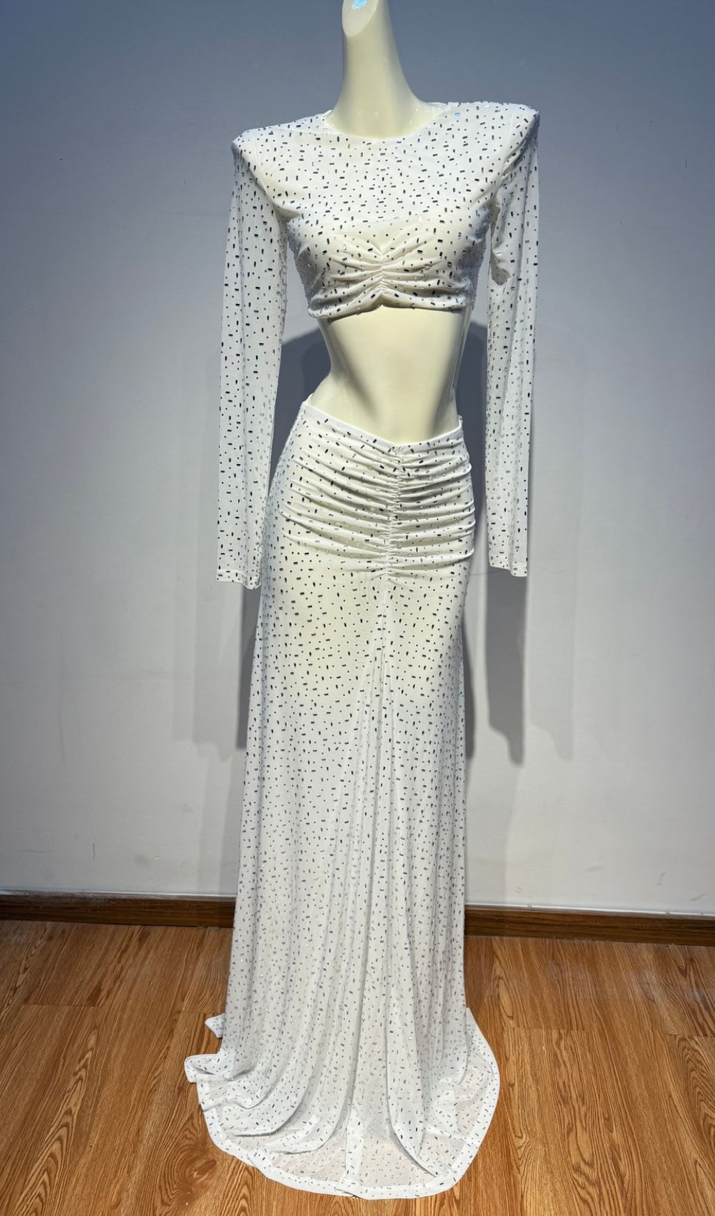 Jaida Sparkling Mint Green Crystal Two-Piece Set: Long Sleeve Crop Top & Ruched Maxi Skirt