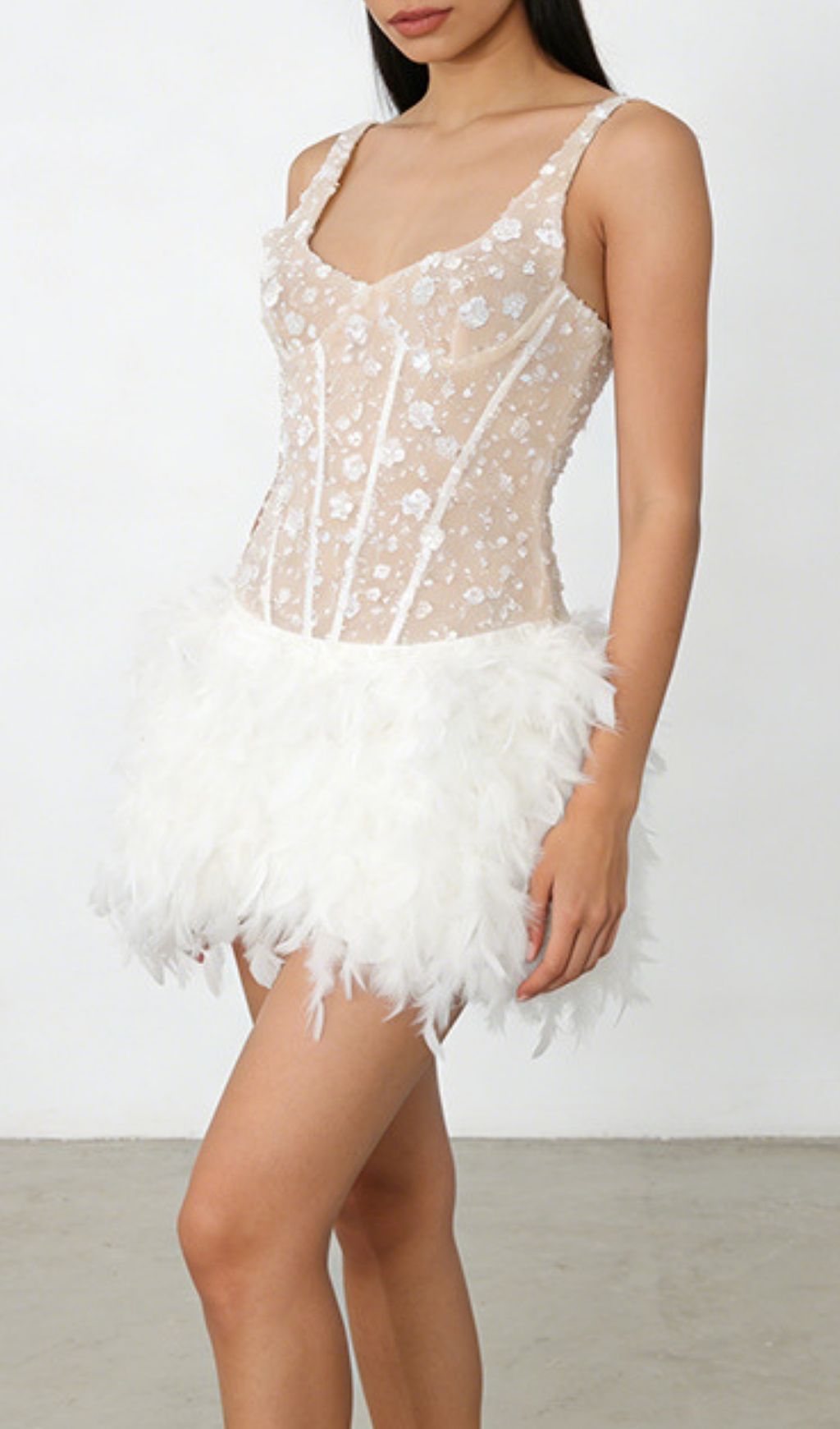 Kera Dazzling Floral Sequin Feather Mini Dress - Glamorous Party & Event Wear