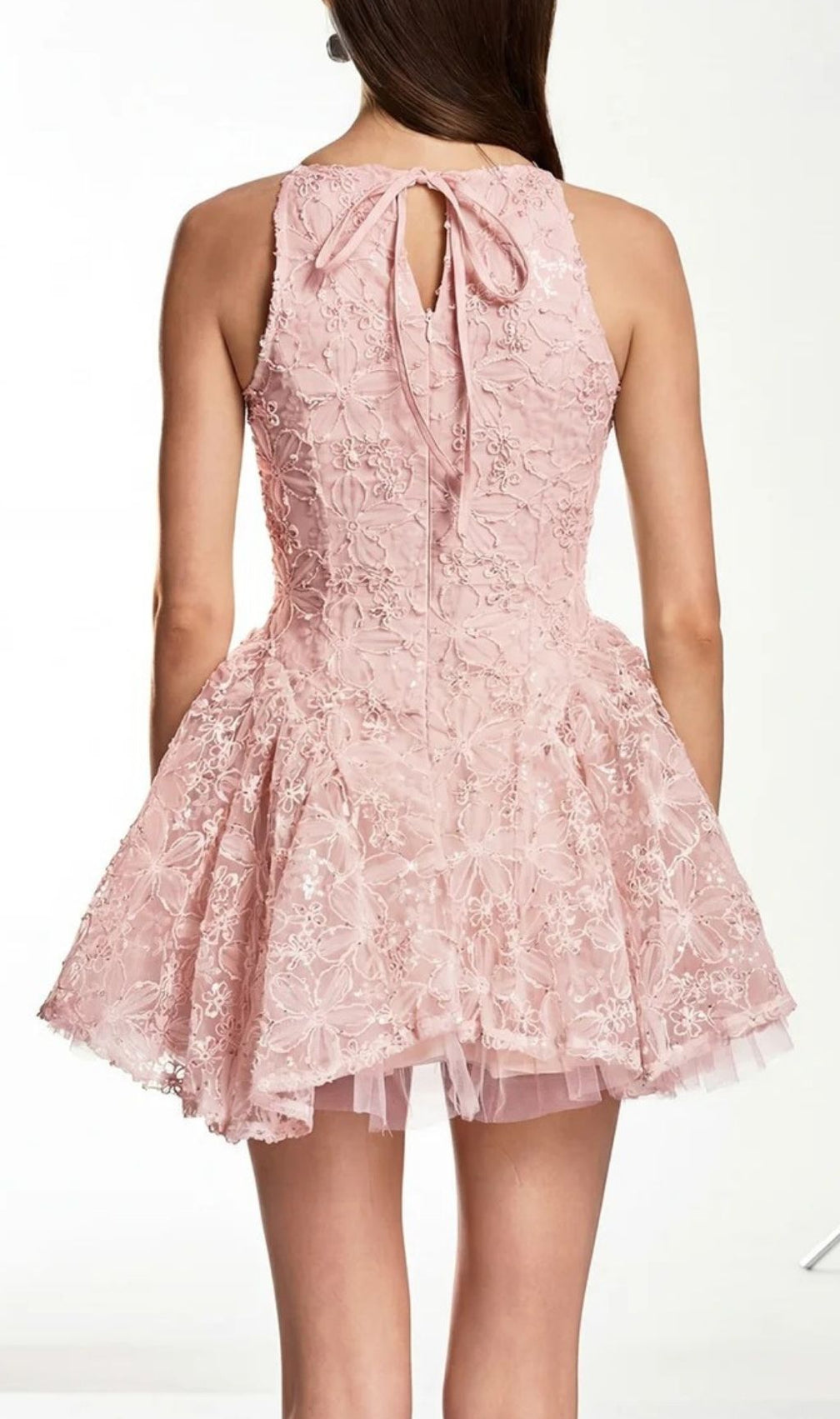 Katsumi Pink Floral Lace Halter Mini Dress | Romantic Party & Cocktail