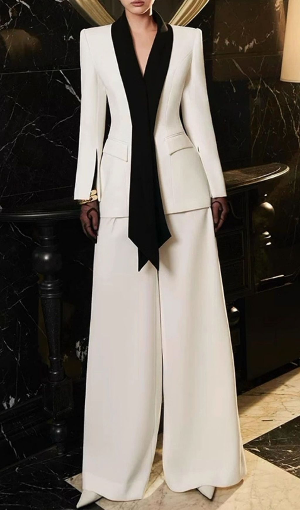 Himeko Luxe White Tuxedo Pantsuit | Elegant Blazer & Wide-Leg Trousers
