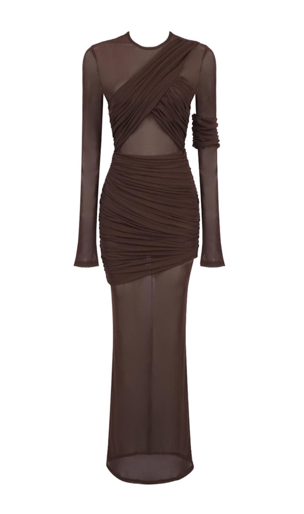 Long Sleeve Mesh Insert Draped Maxi Dress
