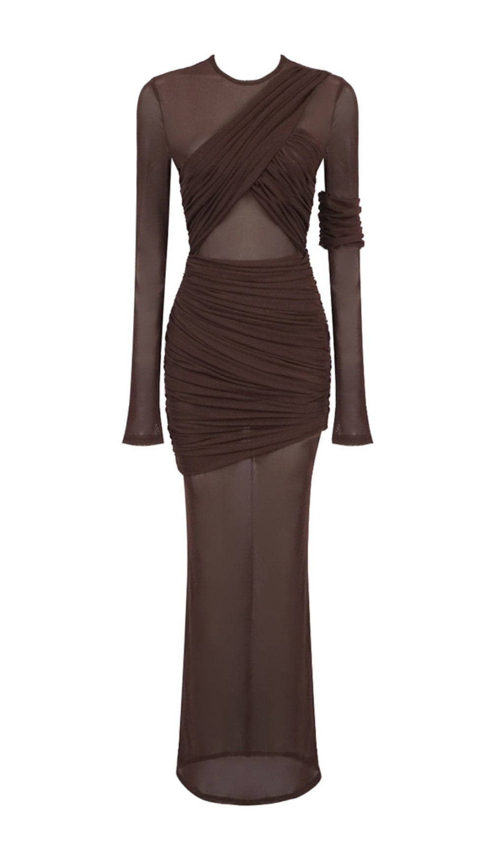 Long Sleeve Mesh Insert Draped Maxi Dress