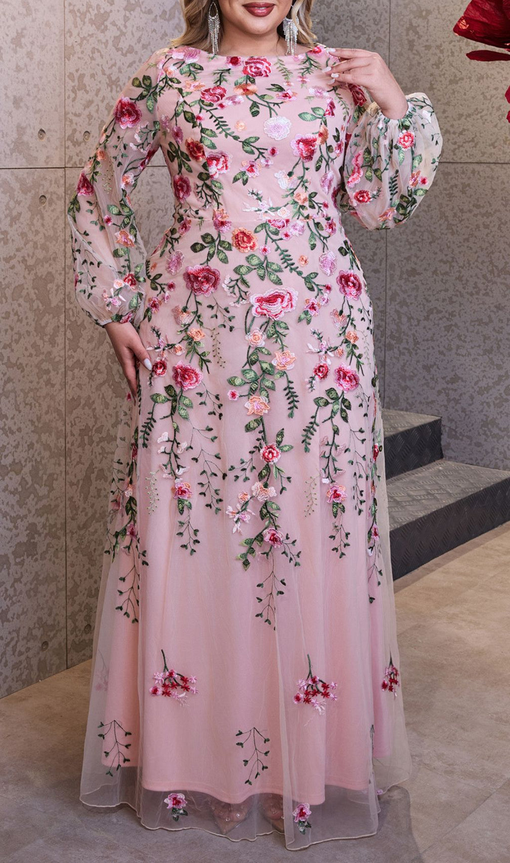 Helia Enchanting Floral Embroidered Plus Size Maxi Dress | Elegant Long Sleeve Gown