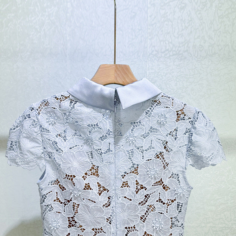Exquisite Periwinkle Guipure Lace Mini Dress with Peter Pan Collar