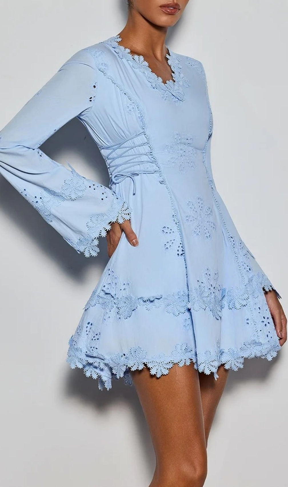 Delicia Romantic Baby Blue Eyelet Mini Dress | Flare Sleeve & Corset Detail