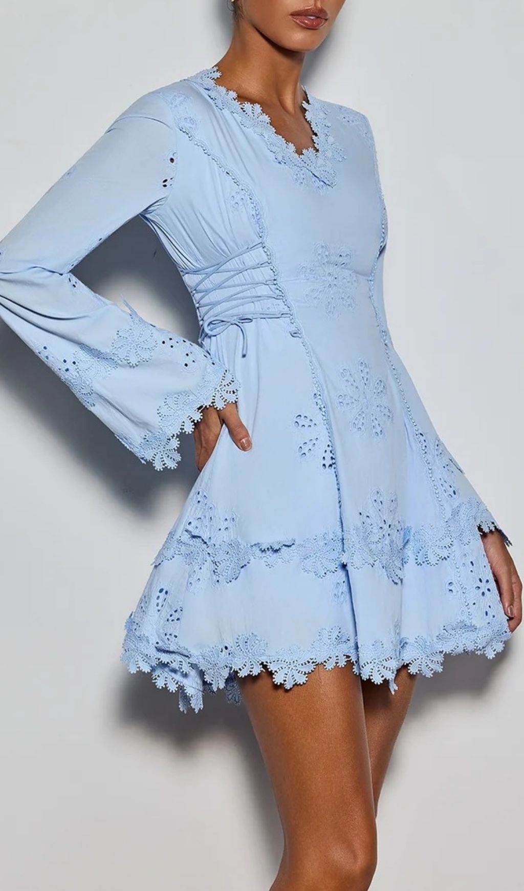 Delicia Romantic Baby Blue Eyelet Mini Dress | Flare Sleeve & Corset Detail