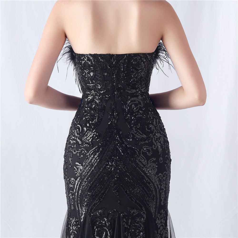 Choire Black Sequin Feather Maxi Dress