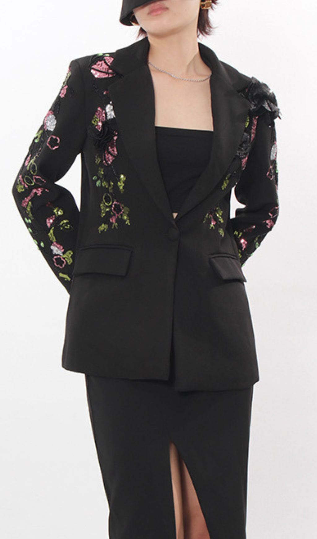 Ifama Black Sequin Floral Blazer - Women's Glam Statement Jacket