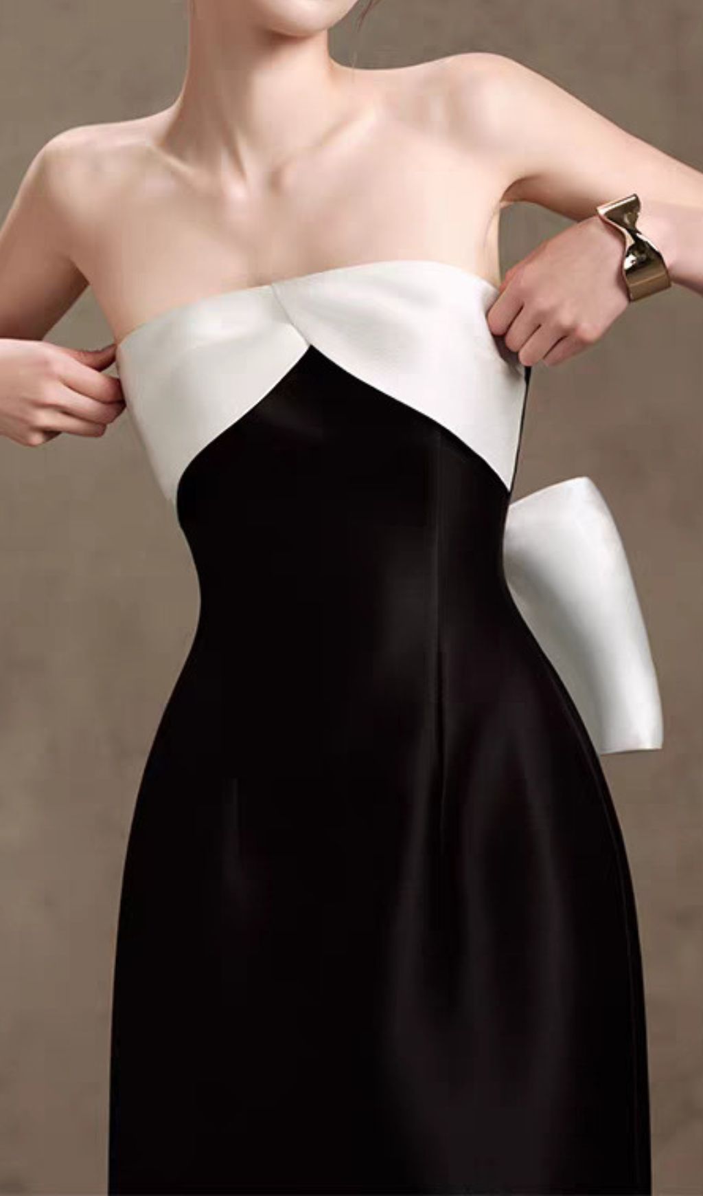 Hamlet Black Strapless Midi Dress | Elegant Contrast Twist-Bow Bodice