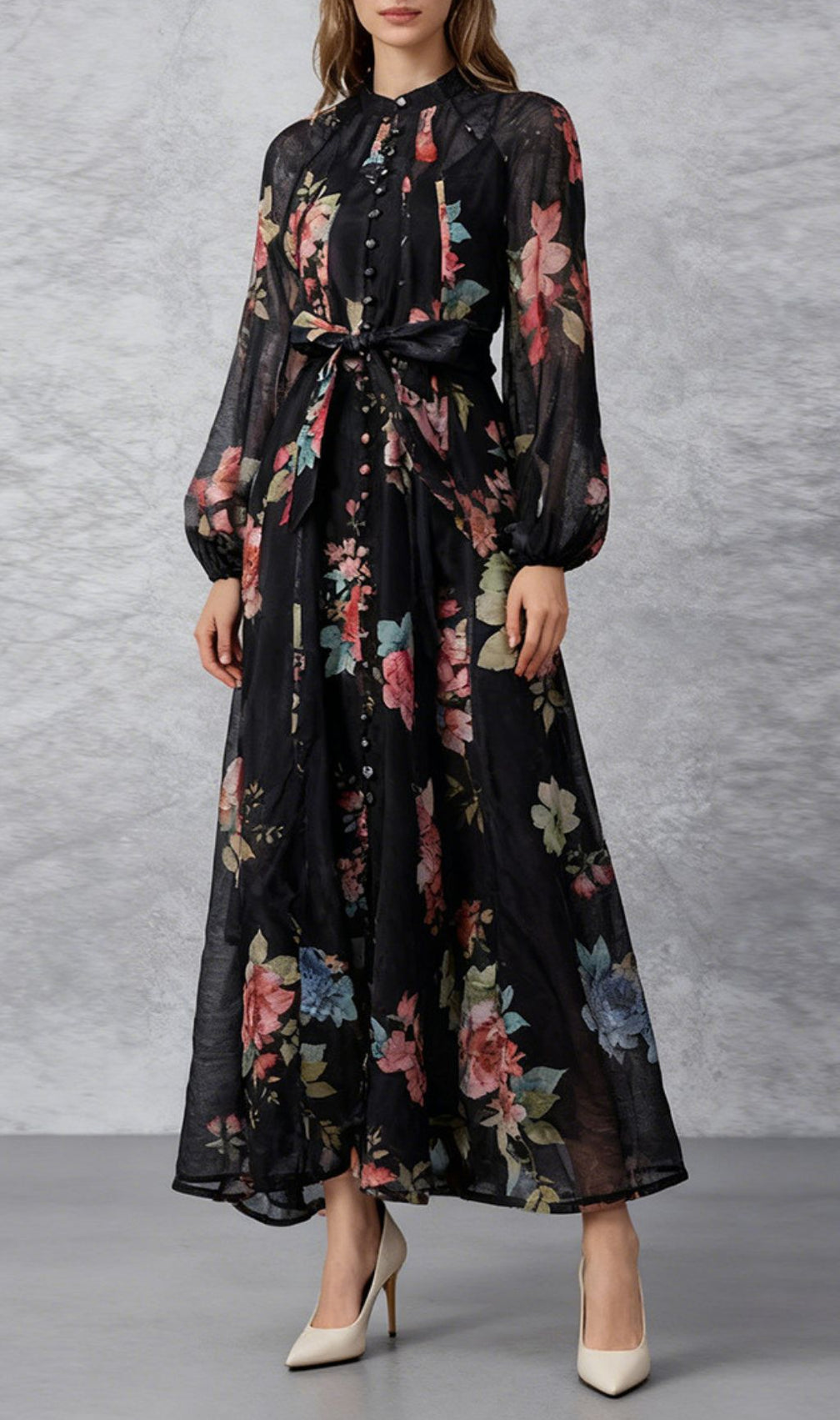 Jitka Black Floral Maxi Dress - Elegant Long Sleeve Button-Front Gown for Women