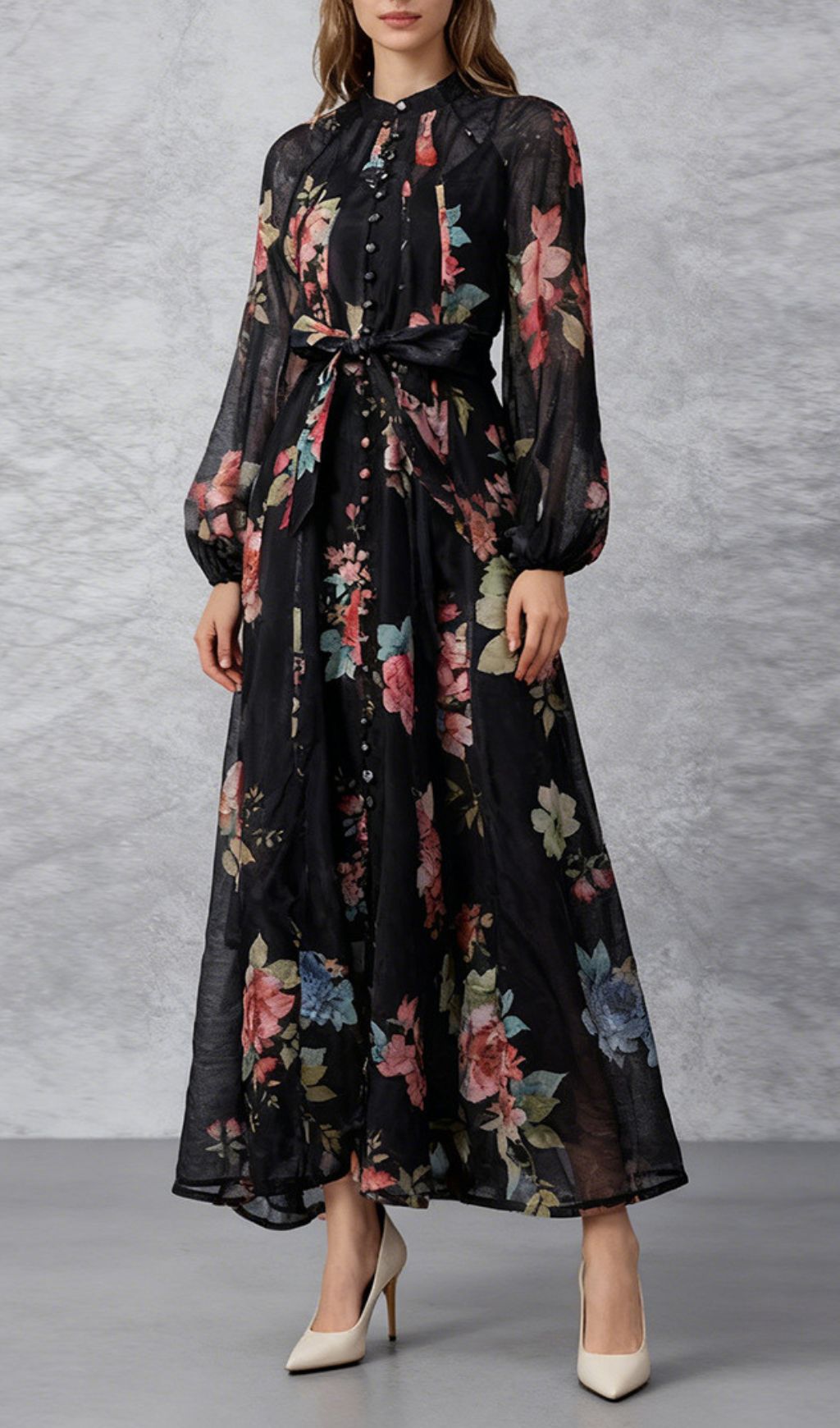 Jitka Black Floral Maxi Dress - Elegant Long Sleeve Button-Front Gown for Women