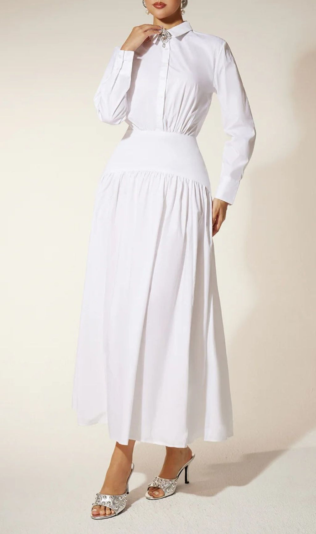Eilert Chic White Ruched Shirt Dress - Versatile Midi for Modern Women