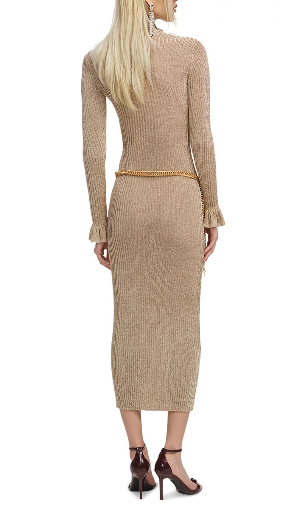 Shimmering Gold Ribbed Knit Midi Dress with Chic Chain Belt