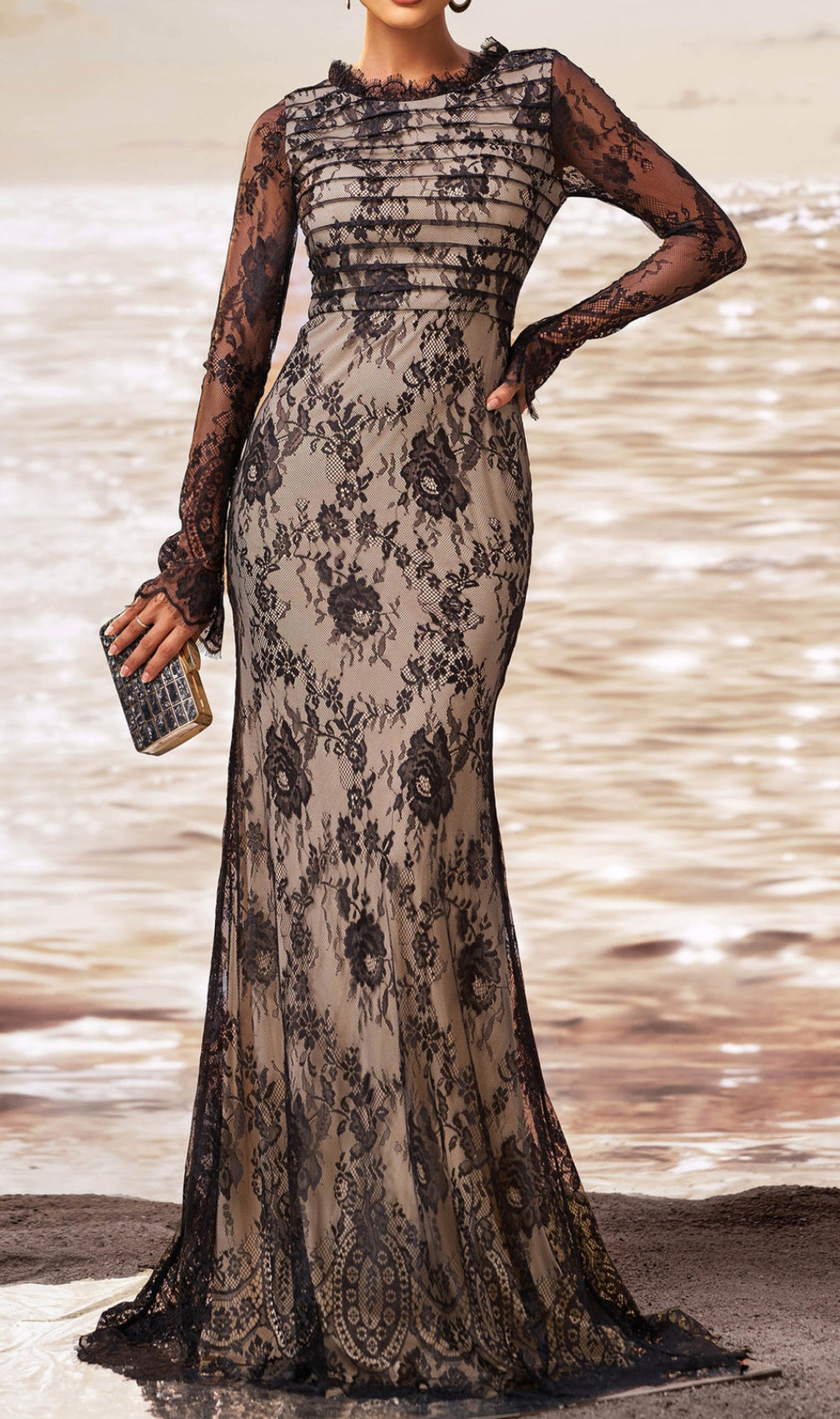 Chakra Black Lace Flower Maxi Dress