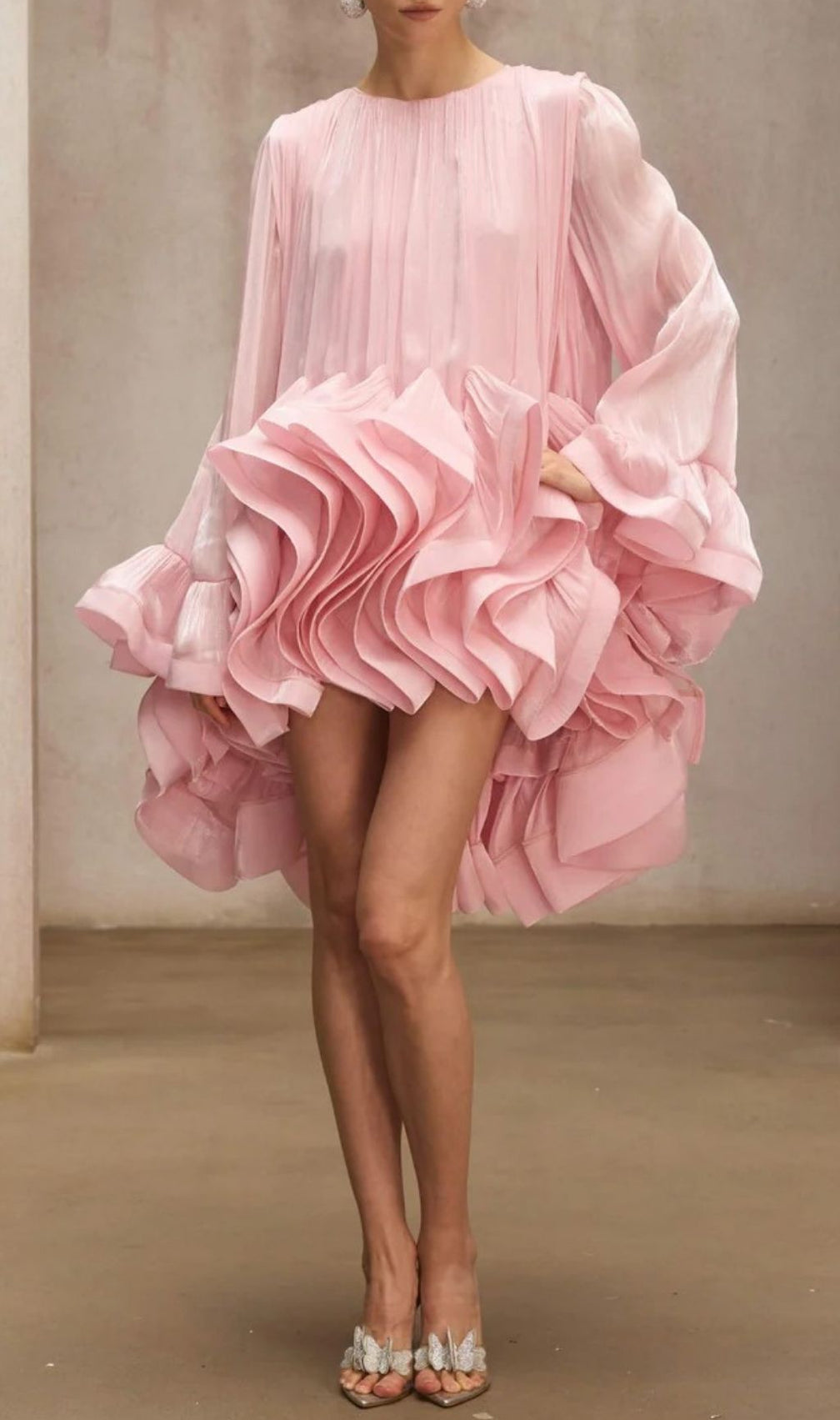 Pink Ruffled Tiered Mini Dress with Dramatic Flare Sleeves