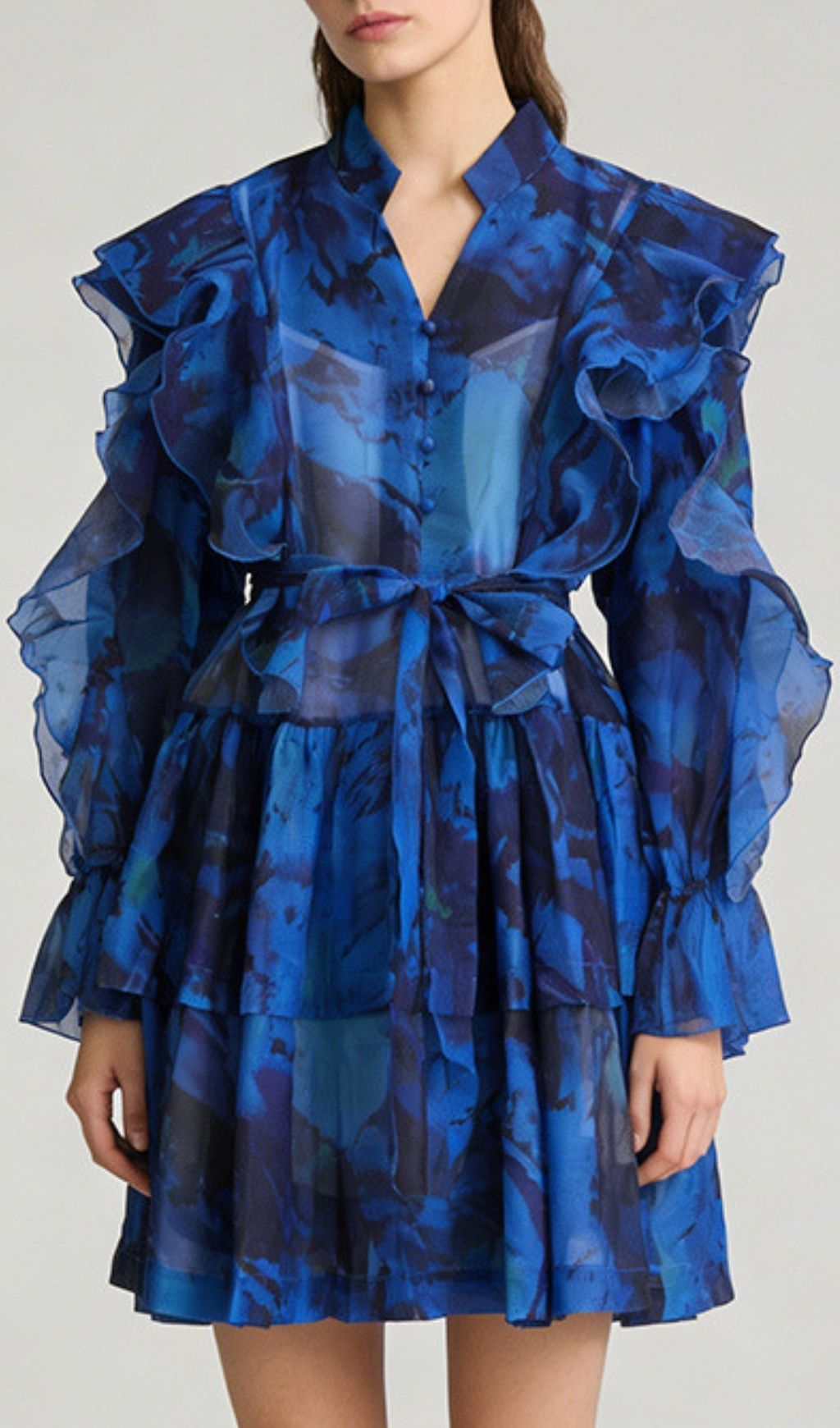 Kabibe Bold Red Floral Ruffle Mini Dress – Long Sleeve Statement Piece