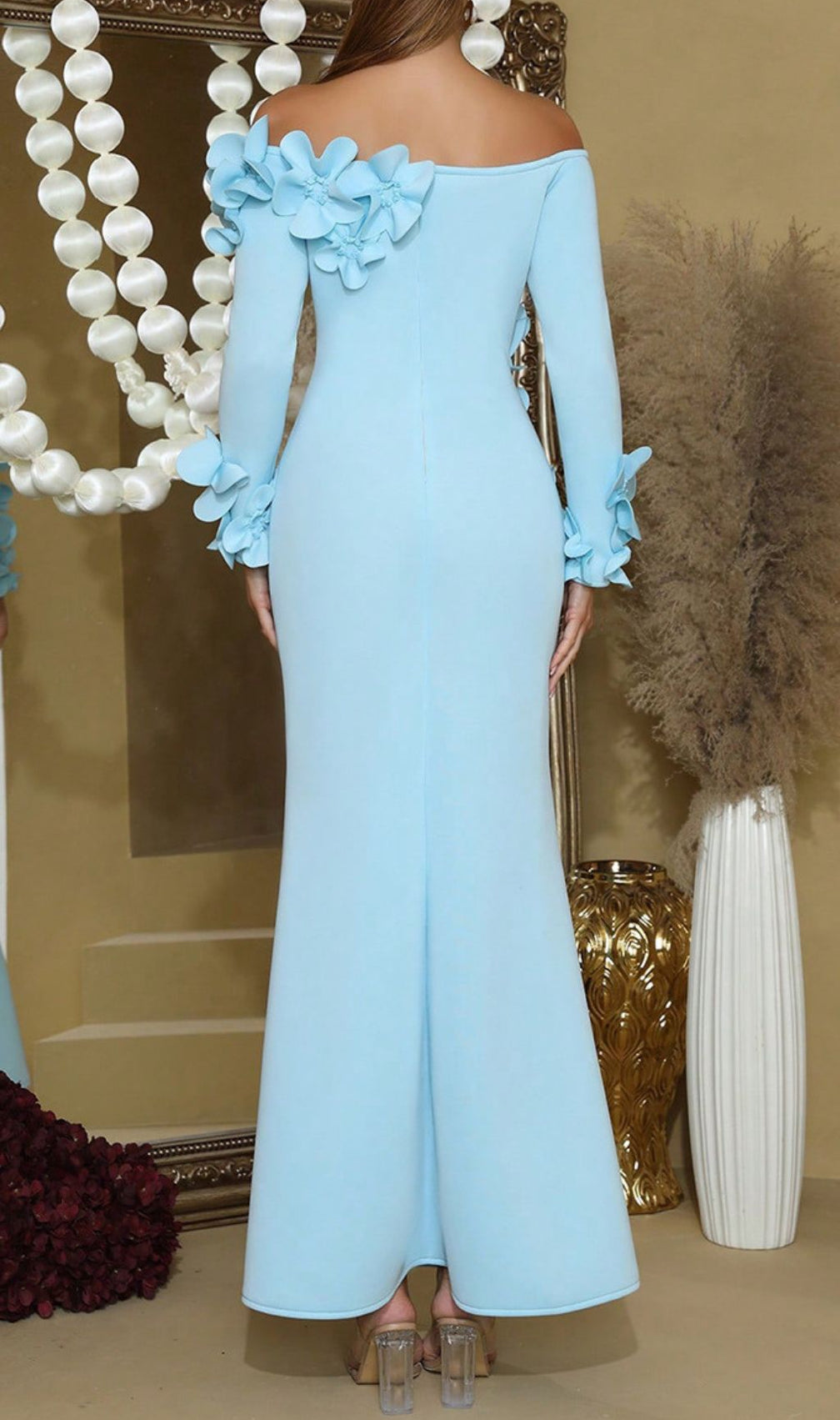 Ethereal Blue Floral Off-Shoulder Maxi Dress | Elegant Wedding Guest Gown