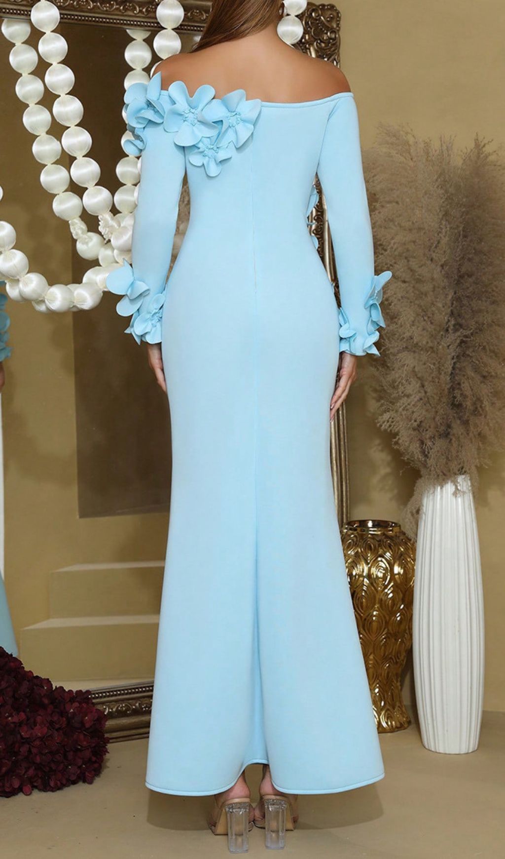 Ethereal Blue Floral Off-Shoulder Maxi Dress | Elegant Wedding Guest Gown