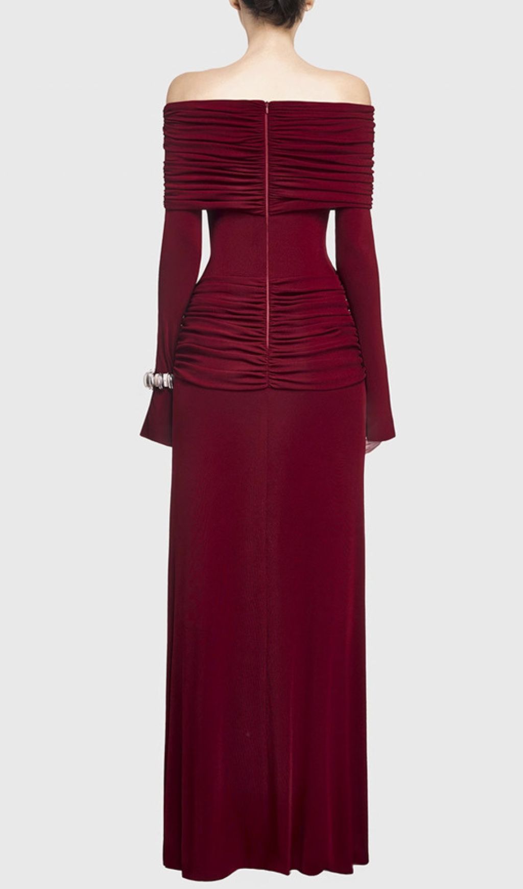 Gala Wine Off-Shoulder Ruched Long Sleeve Maxi Dress