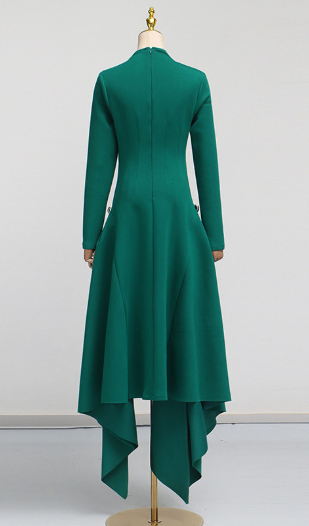 Johnna Emerald Green Asymmetrical Midi Dress - Long Sleeve Sophistication