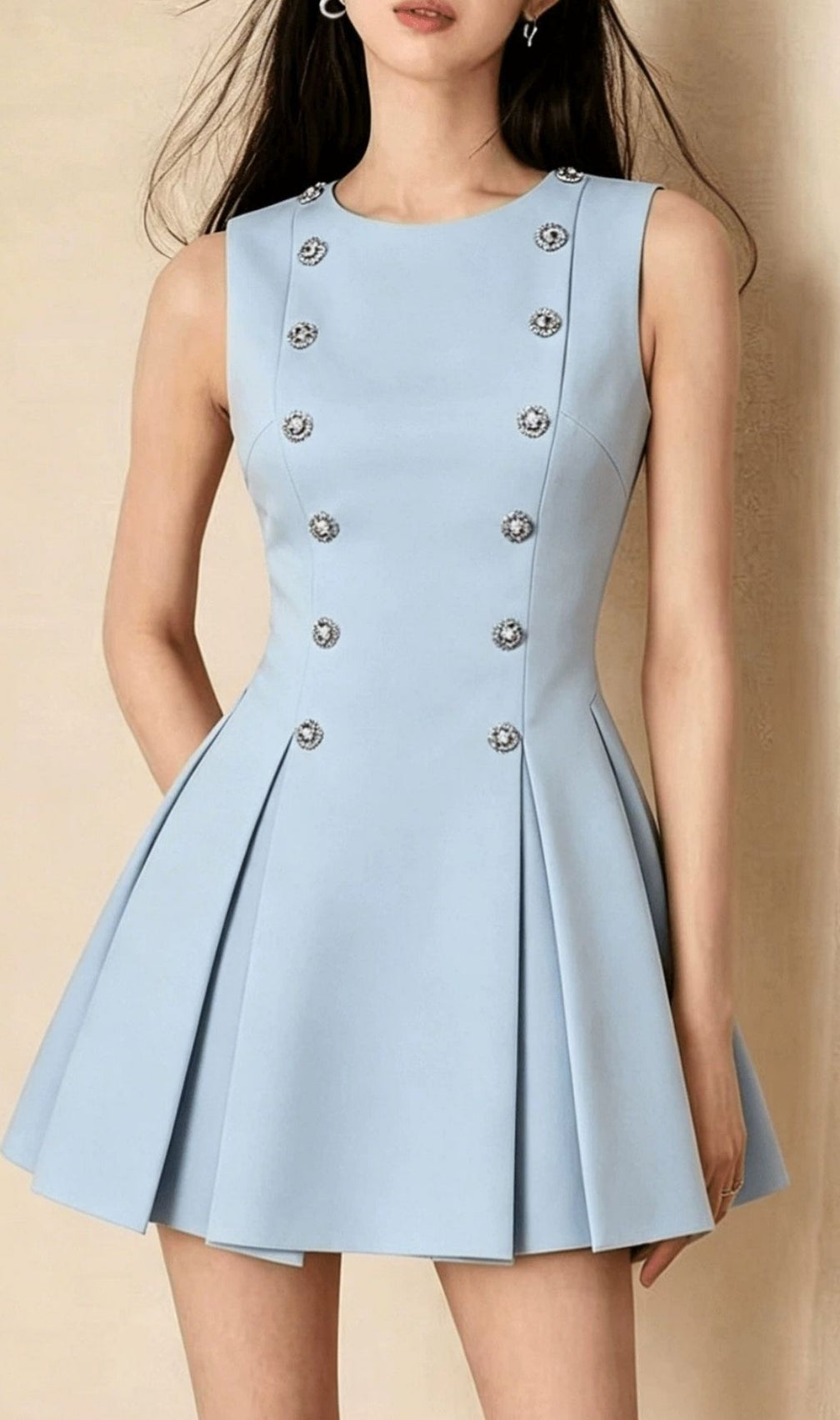 Chic Kim Sky Blue Sleeveless Mini Dress with Dazzling Crystal Buttons