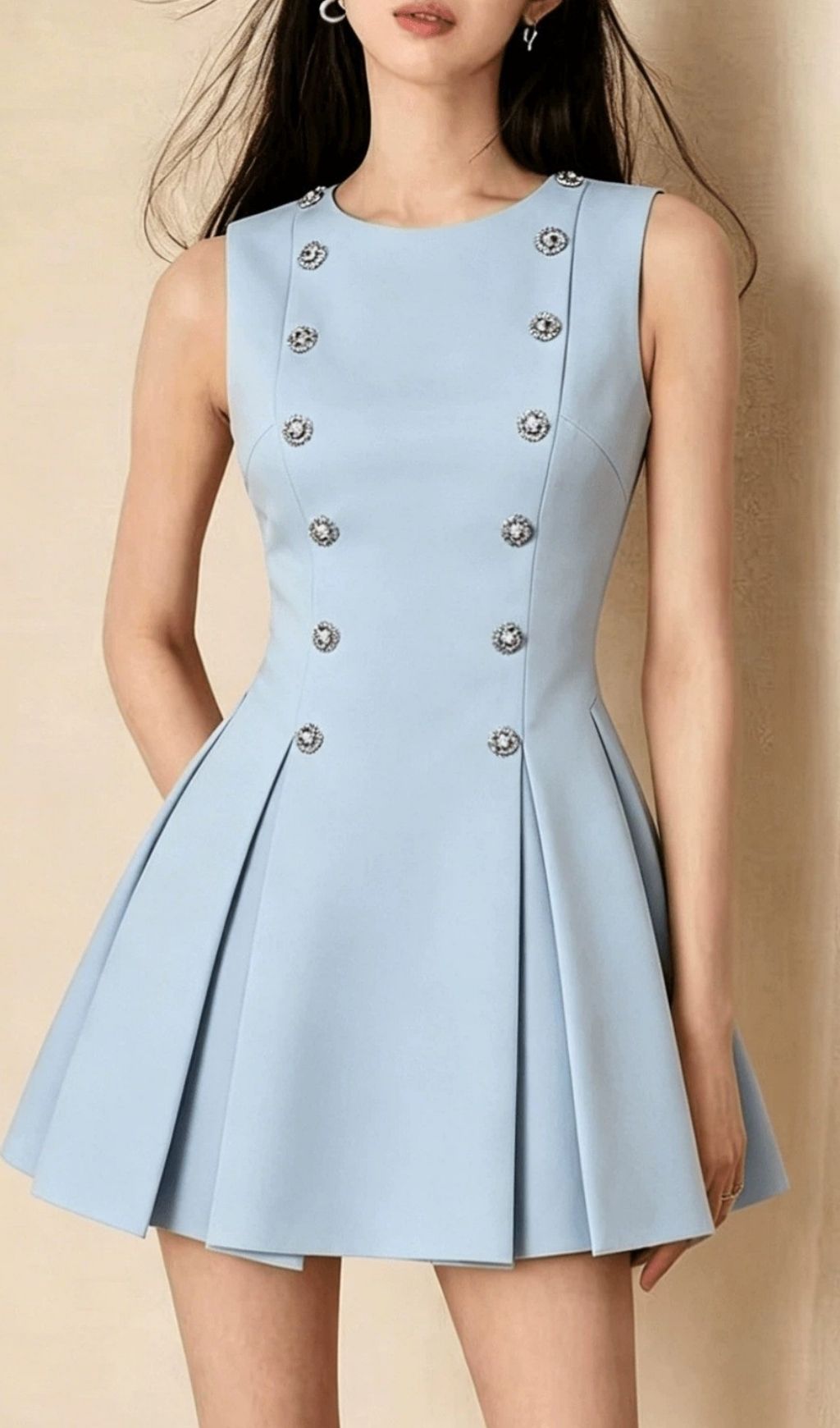 Chic Kim Sky Blue Sleeveless Mini Dress with Dazzling Crystal Buttons