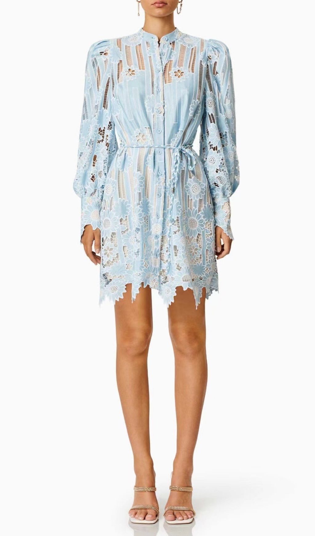 Deliz Romantic Sky Blue Floral Lace Mini Dress | Elegant Long Sleeve Style