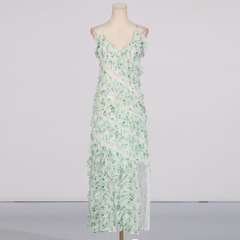 Ceteria Green Strappy Floral Ruffle Maxi Dress