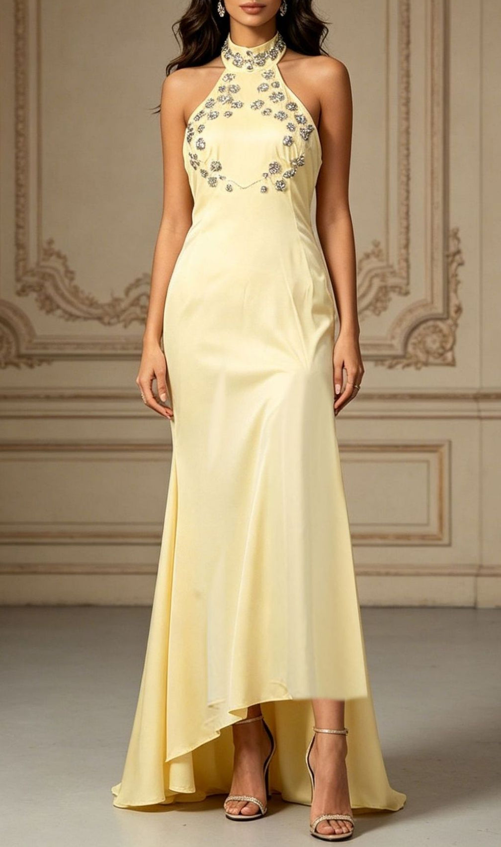 Lacy Yellow Halter Diamante Maxi Dress