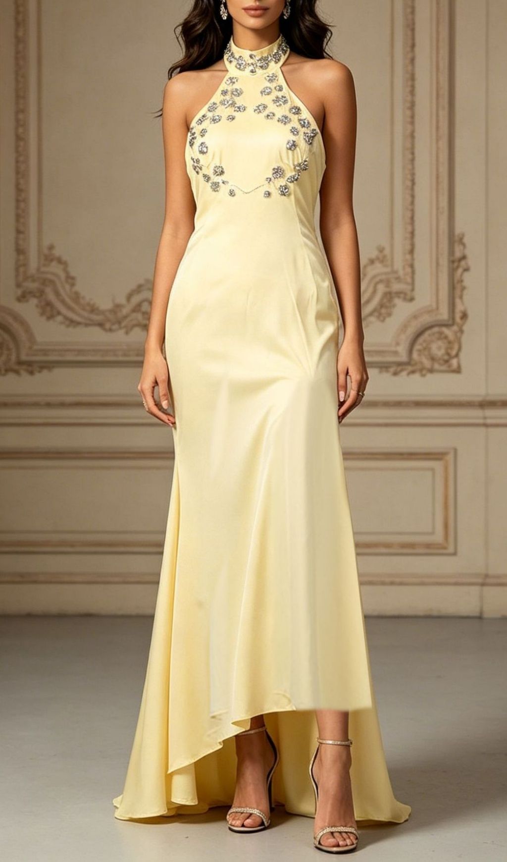 Lacy Yellow Halter Diamante Maxi Dress