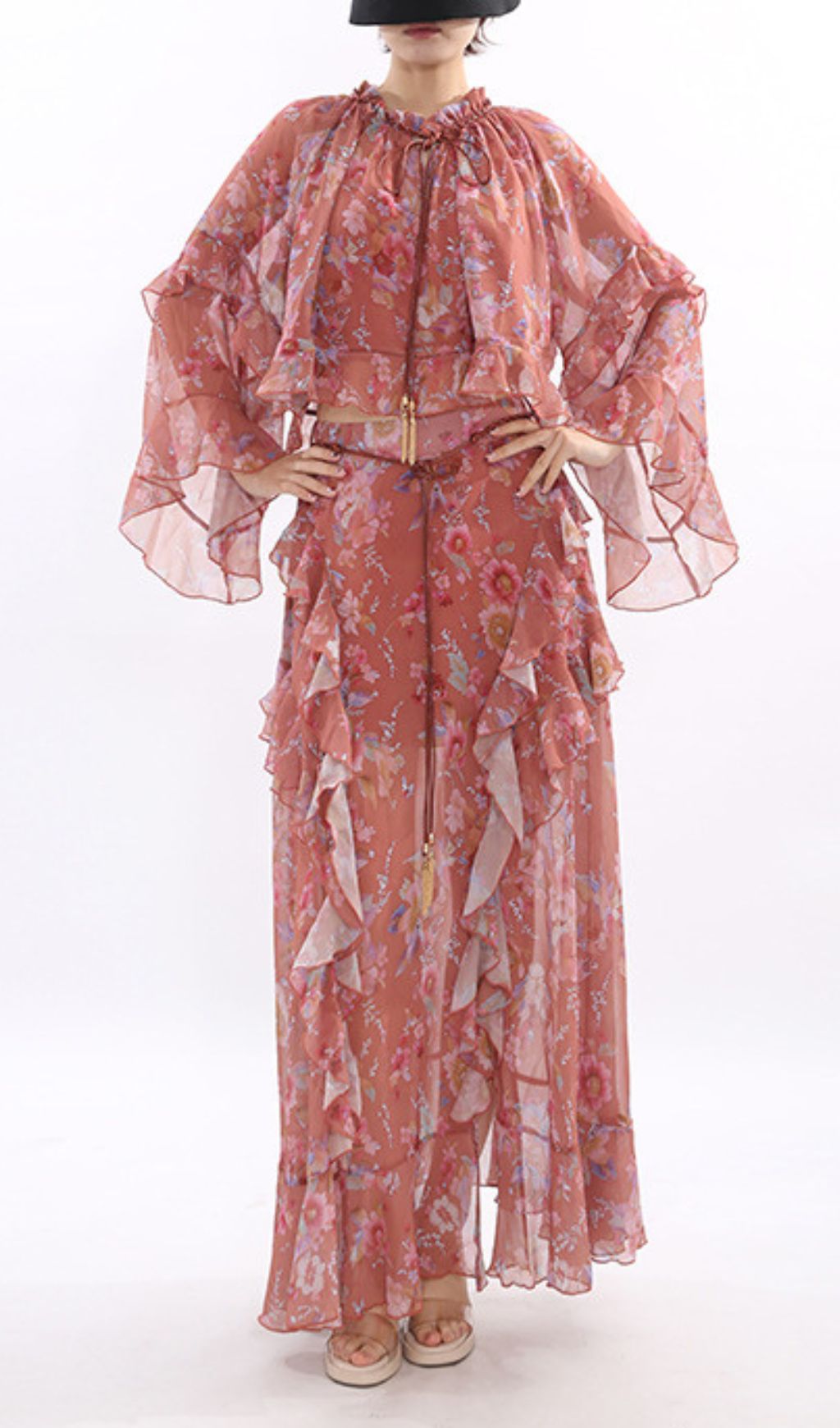 Boho Chic Floral Ruffle Top & Maxi Skirt Set