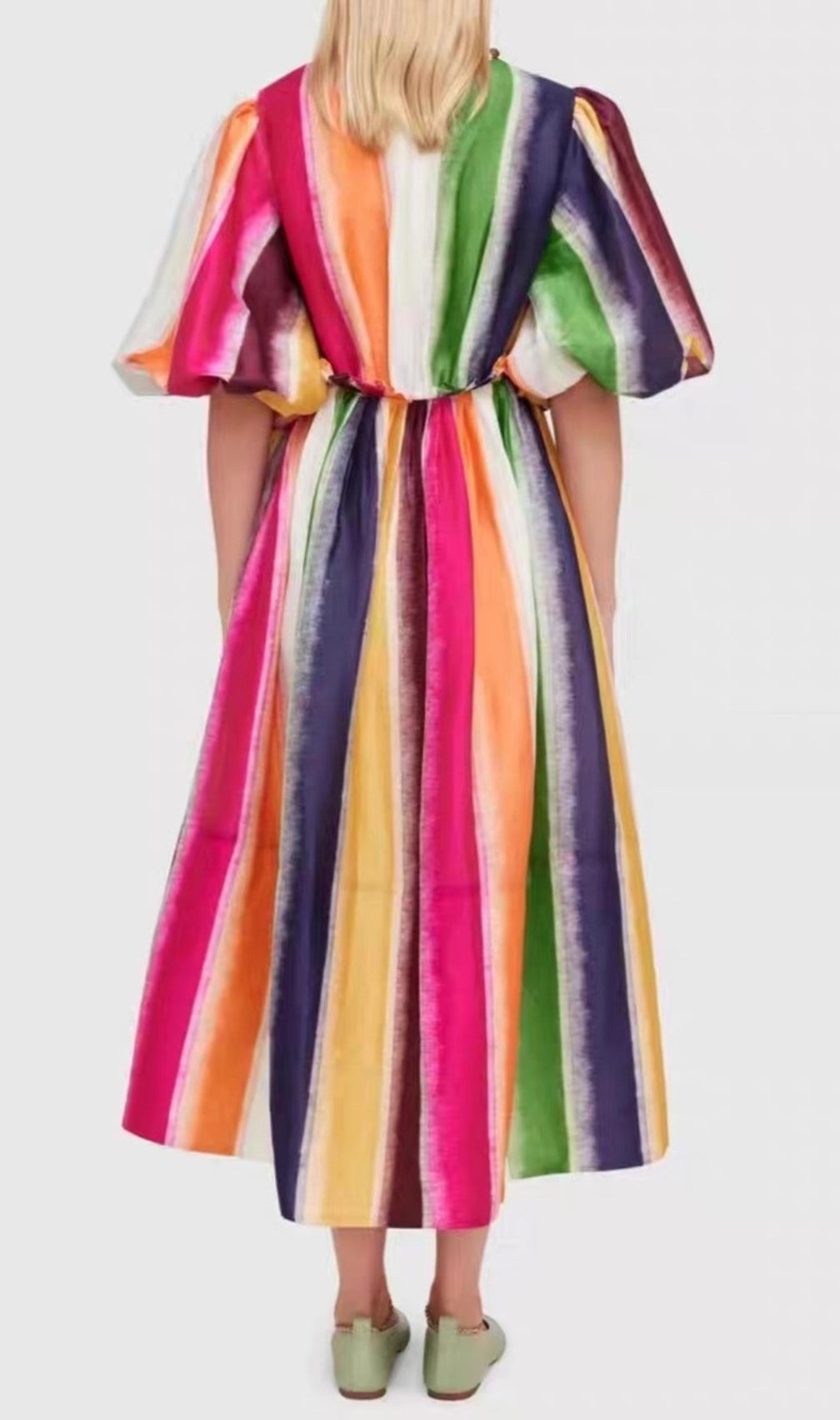 Erix Colorful Puff-Sleeve Midi Dress