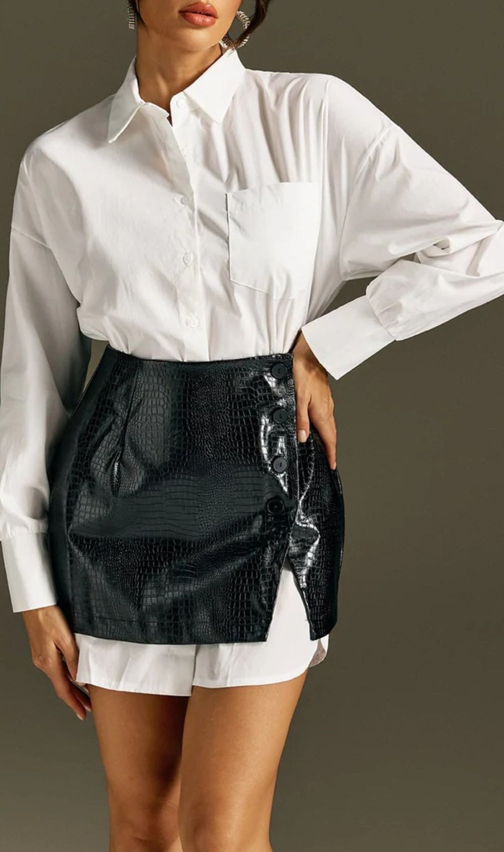 Chic White Button-Down Shirt & Croc Faux Leather Mini Skirt Set - Modern Womenswear