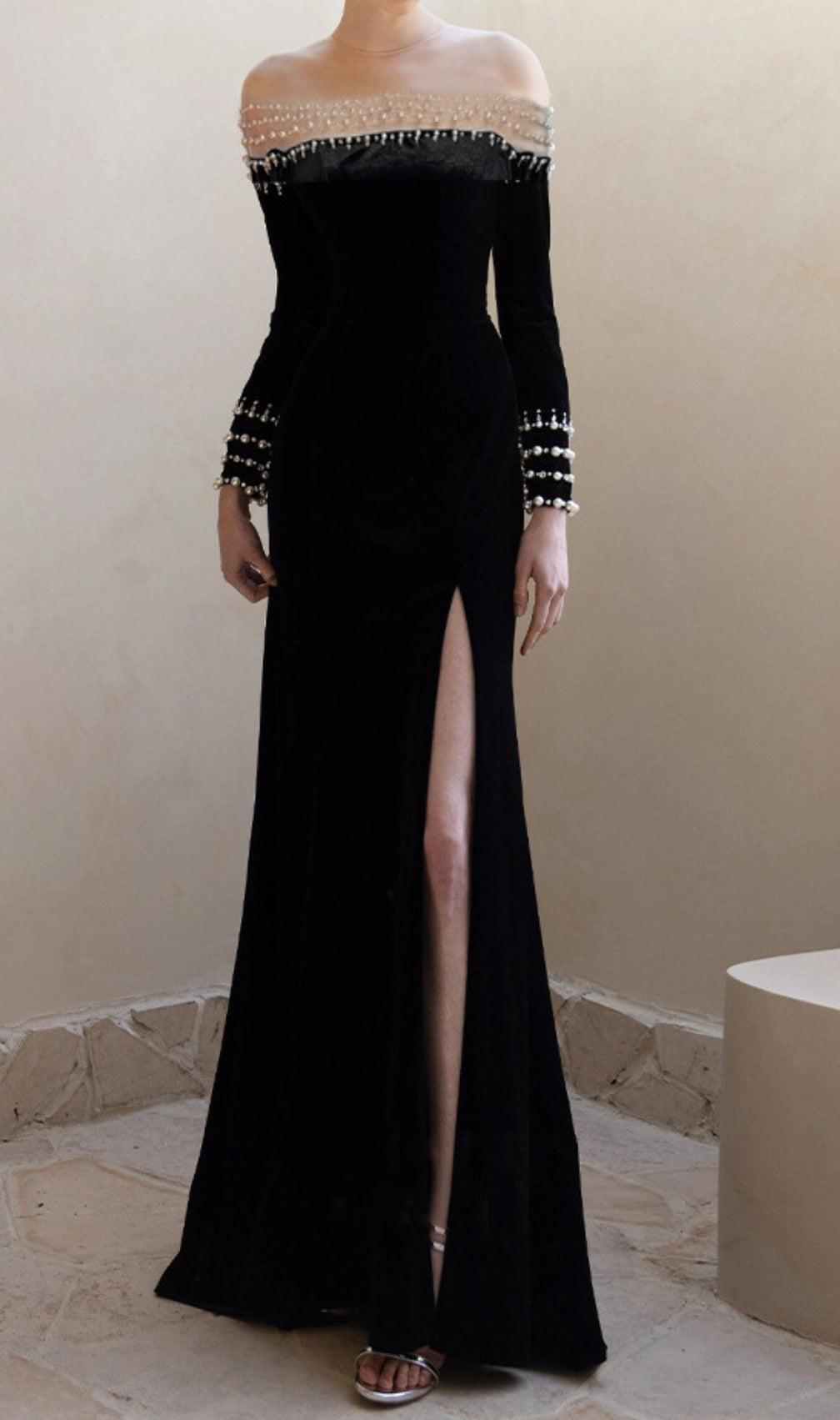 Breena Black Pearl Long Sleeve Velvet Maxi Dress