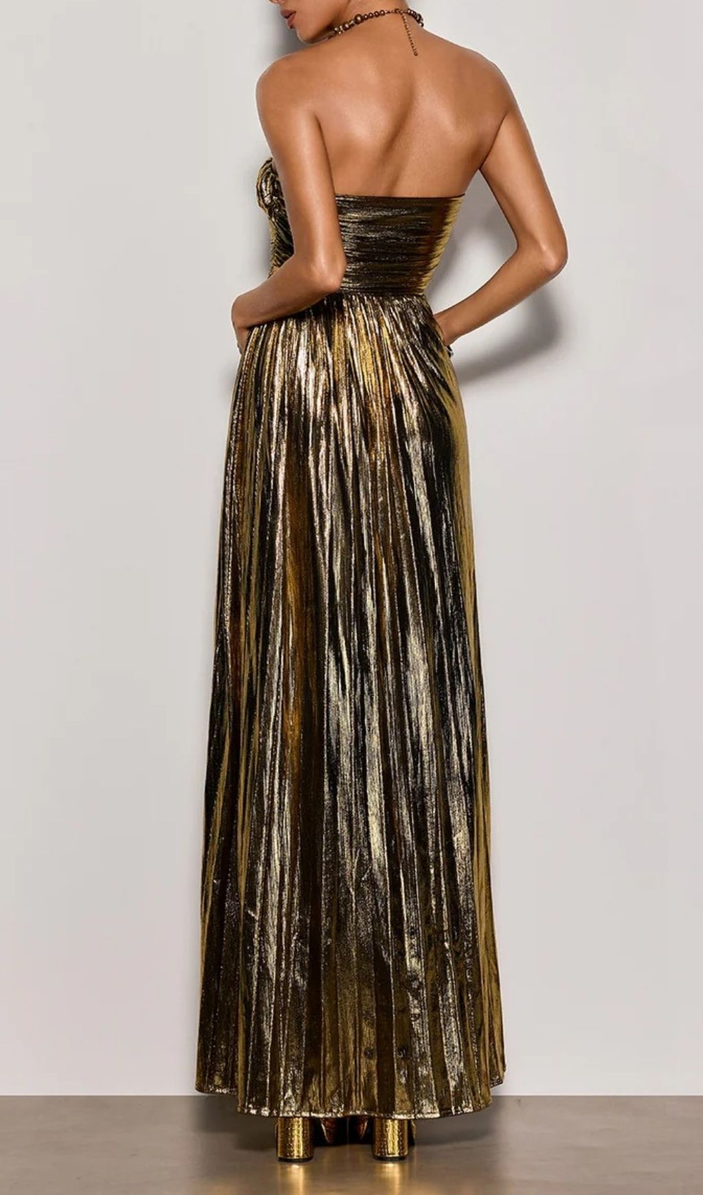 Quvory Strapless Split Metallic Maxi Dress In Gold