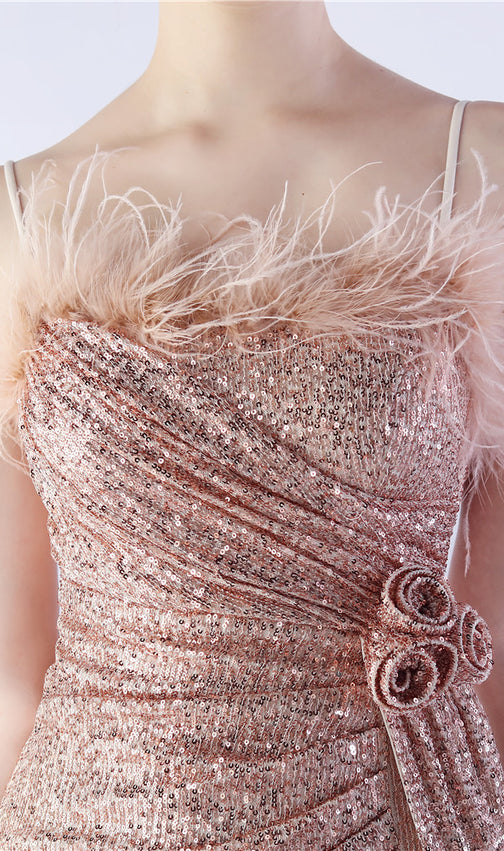 Chroma Gold Sequin Flower Feather Maxi Dress