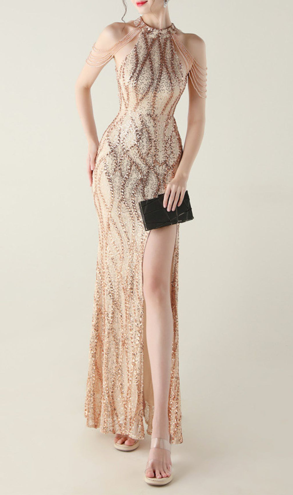 Ikra Glamour Halter Sequin High Slit Maxi Dress - Dazzling Evening Gown