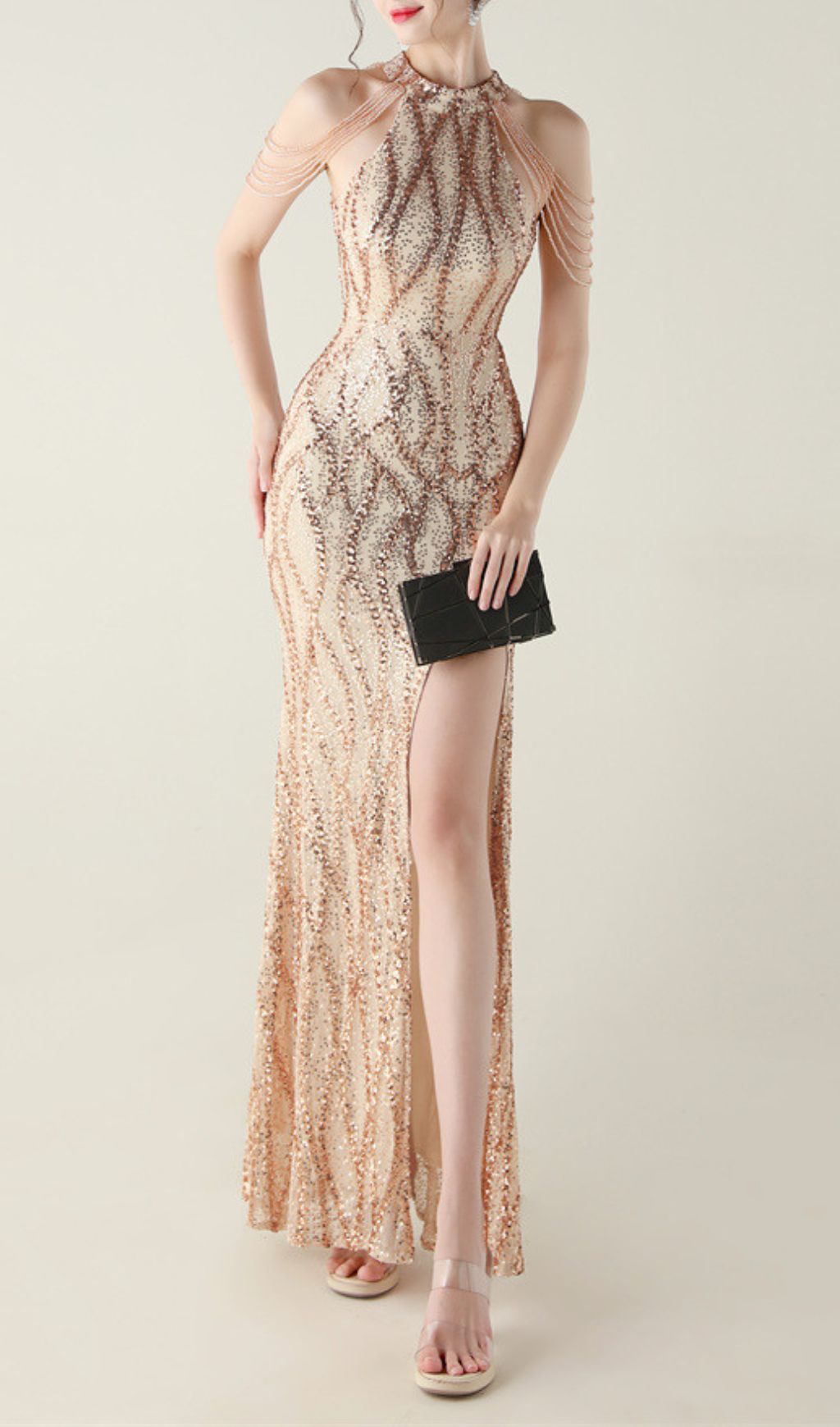 Ikra Glamour Halter Sequin High Slit Maxi Dress - Dazzling Evening Gown