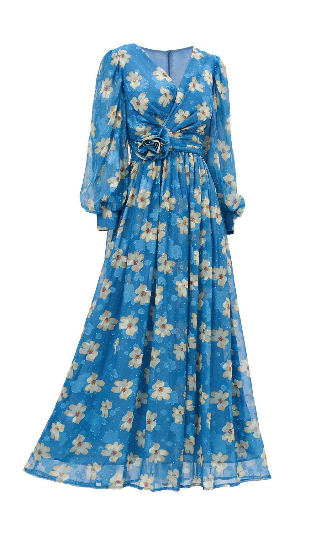 Feodora Blue Floral Printed Long Sleeve Maxi Dress