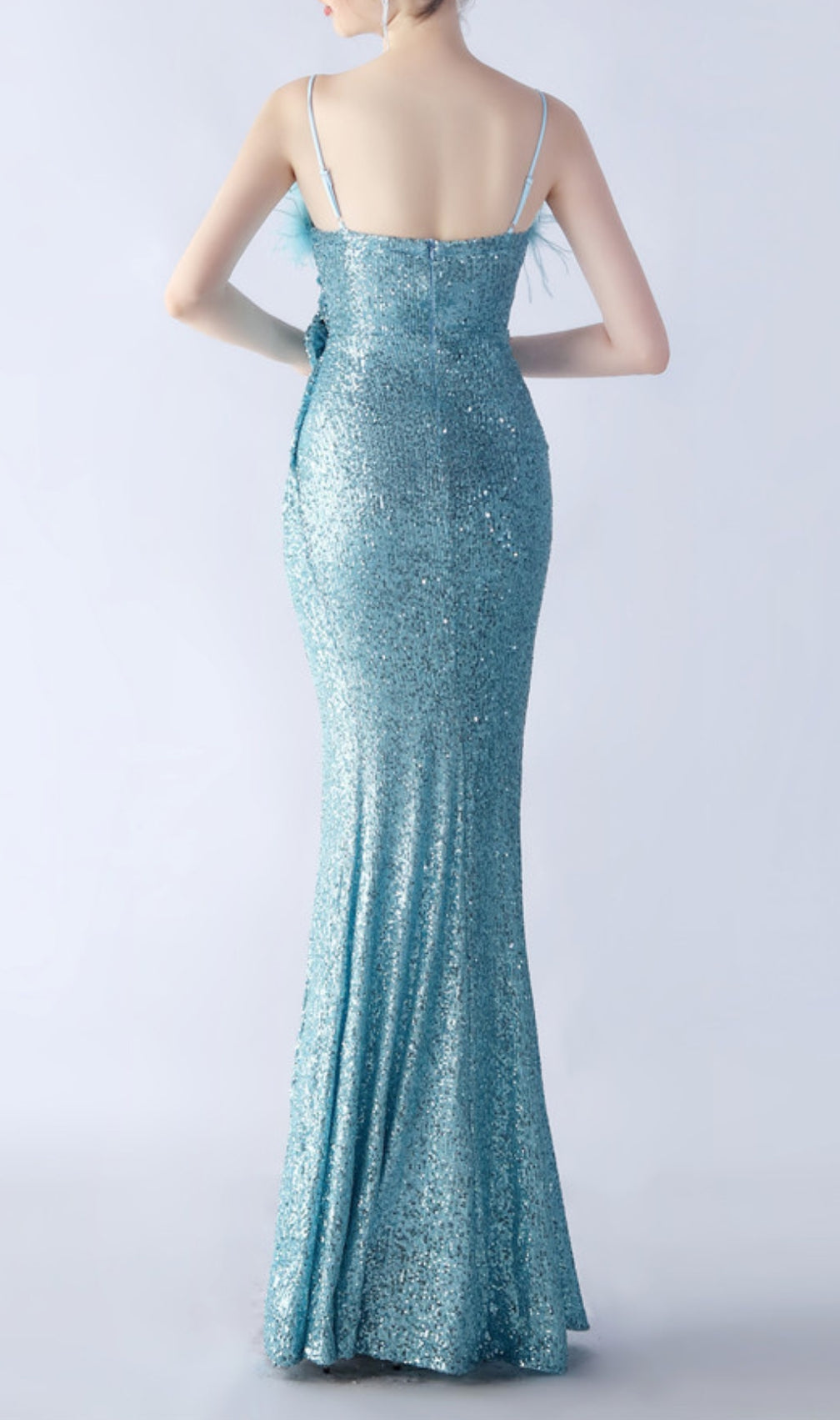 Chroma Blue Sequin Flower Feather Maxi Dress