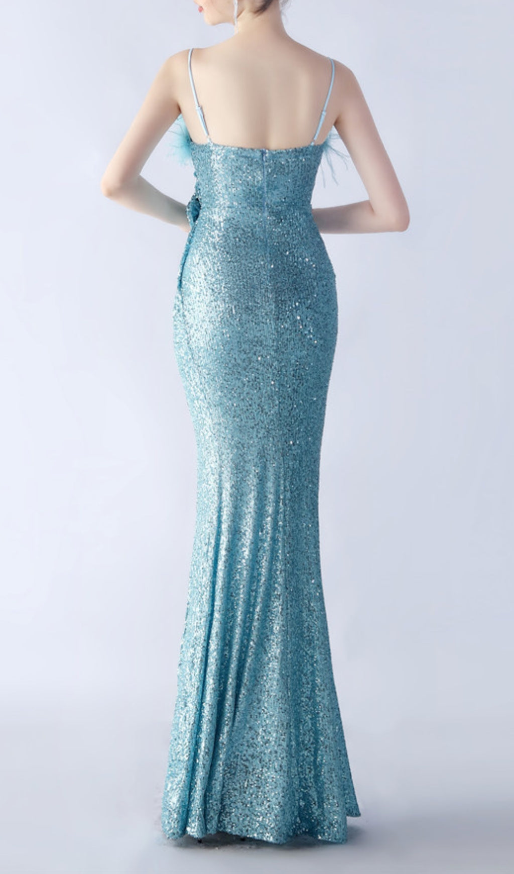 Chroma Blue Sequin Flower Feather Maxi Dress