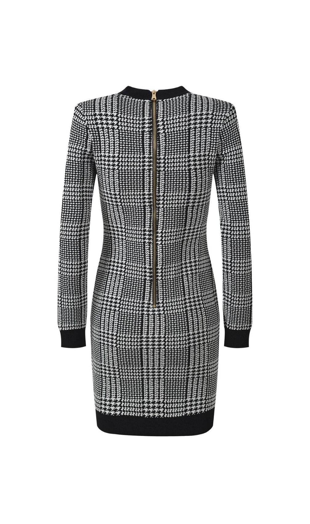 Karinda Chic Houndstooth Knit Mini Dress | Long Sleeve & Gold Buttons